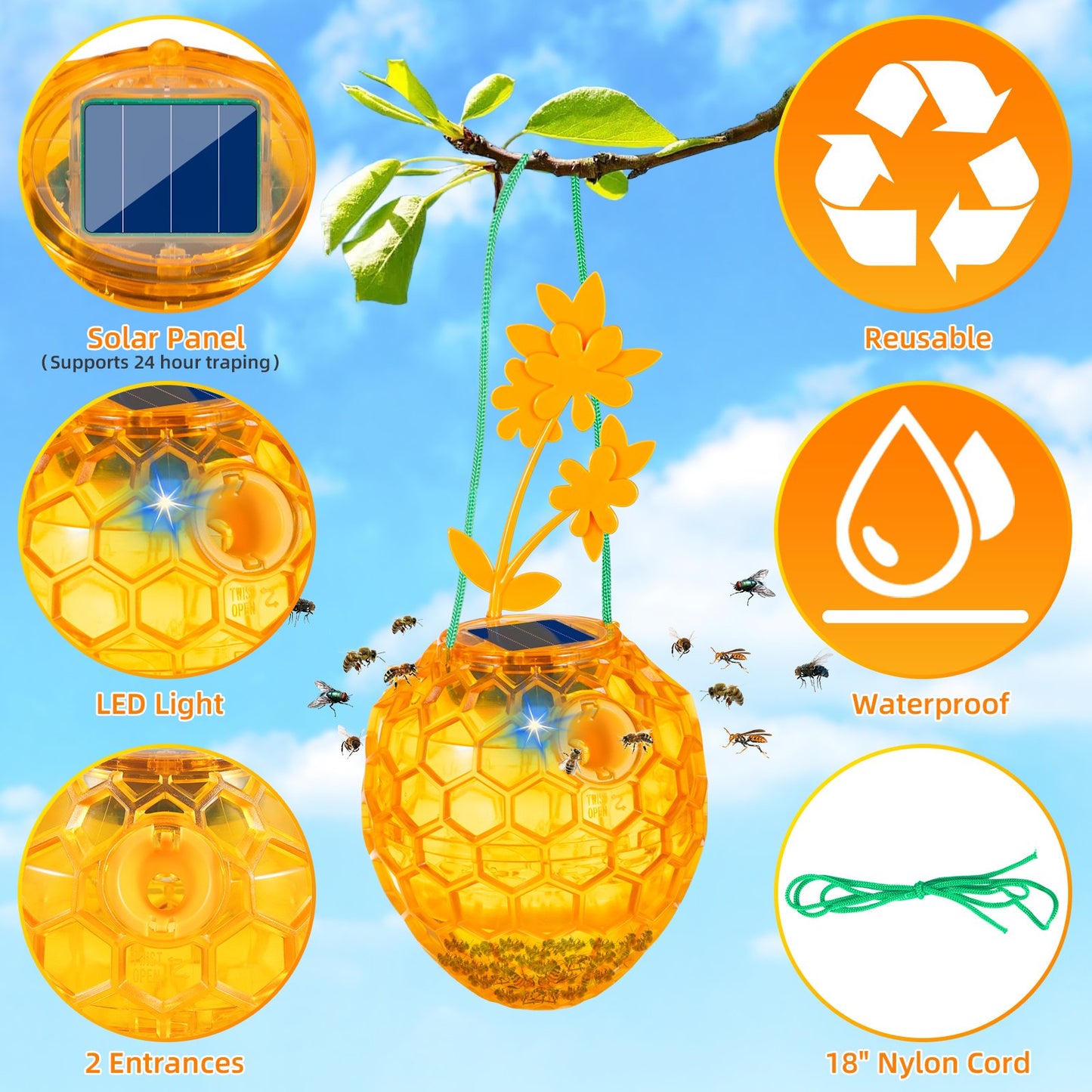 Reusable Outdoor Fly Trap - Solar Powered, Durable, Non-Toxic, and Eco-Friendly for Garden, Patio, and Home