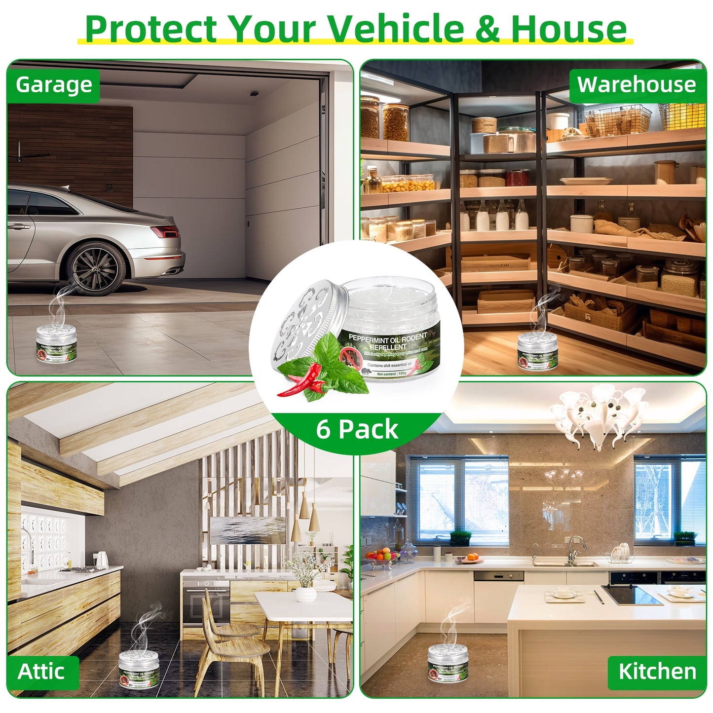 6pack Drive Away Rodents with Latest Peppermint Engine Mouse Repellent - Safe for Car, RV, Home, and Outdoors
