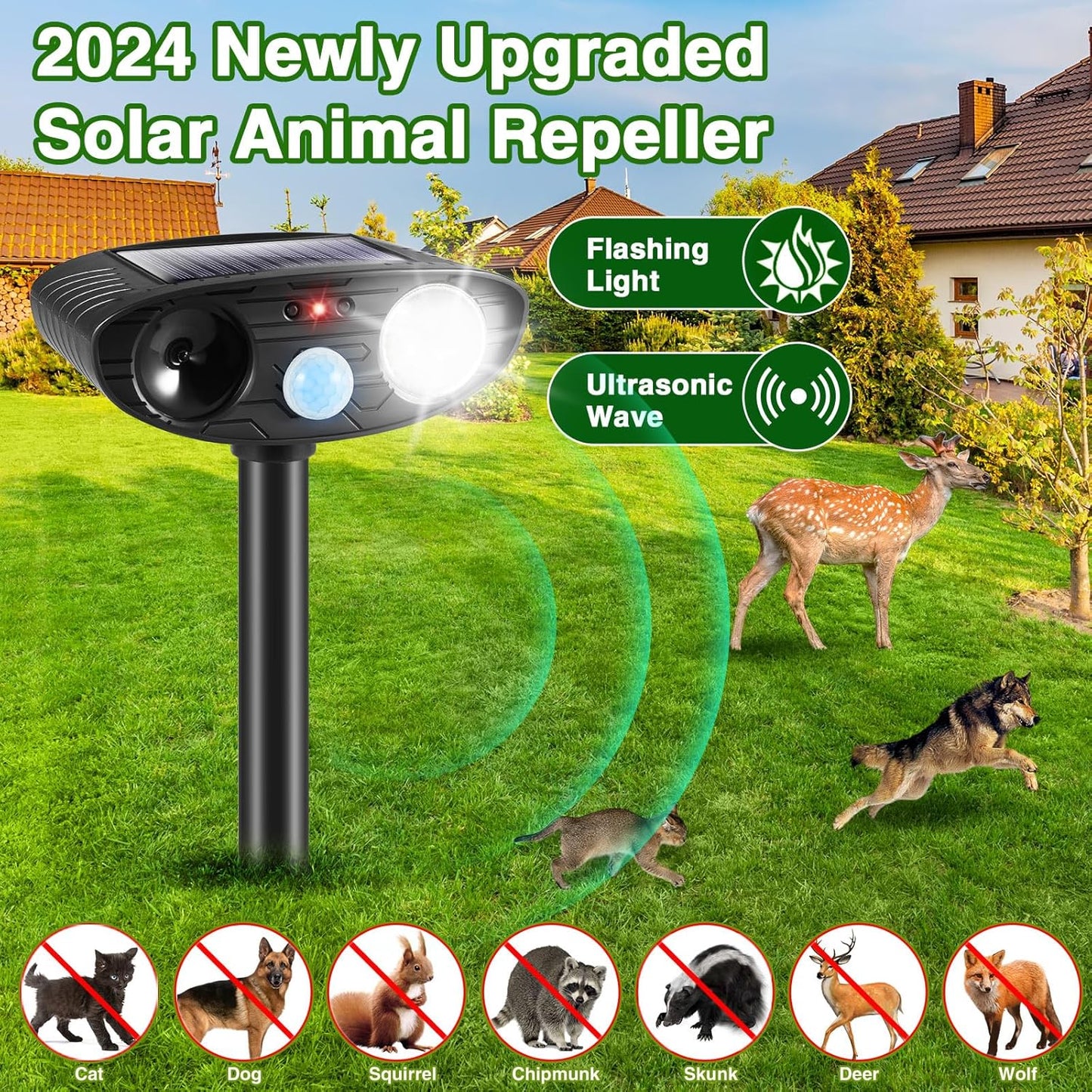 Outdoor Ultrasonic Solar Animal Repeller Motion Sensor Yard Solar Repellent - Cat Deterrent Deer Dog Raccoon Mole Repellent