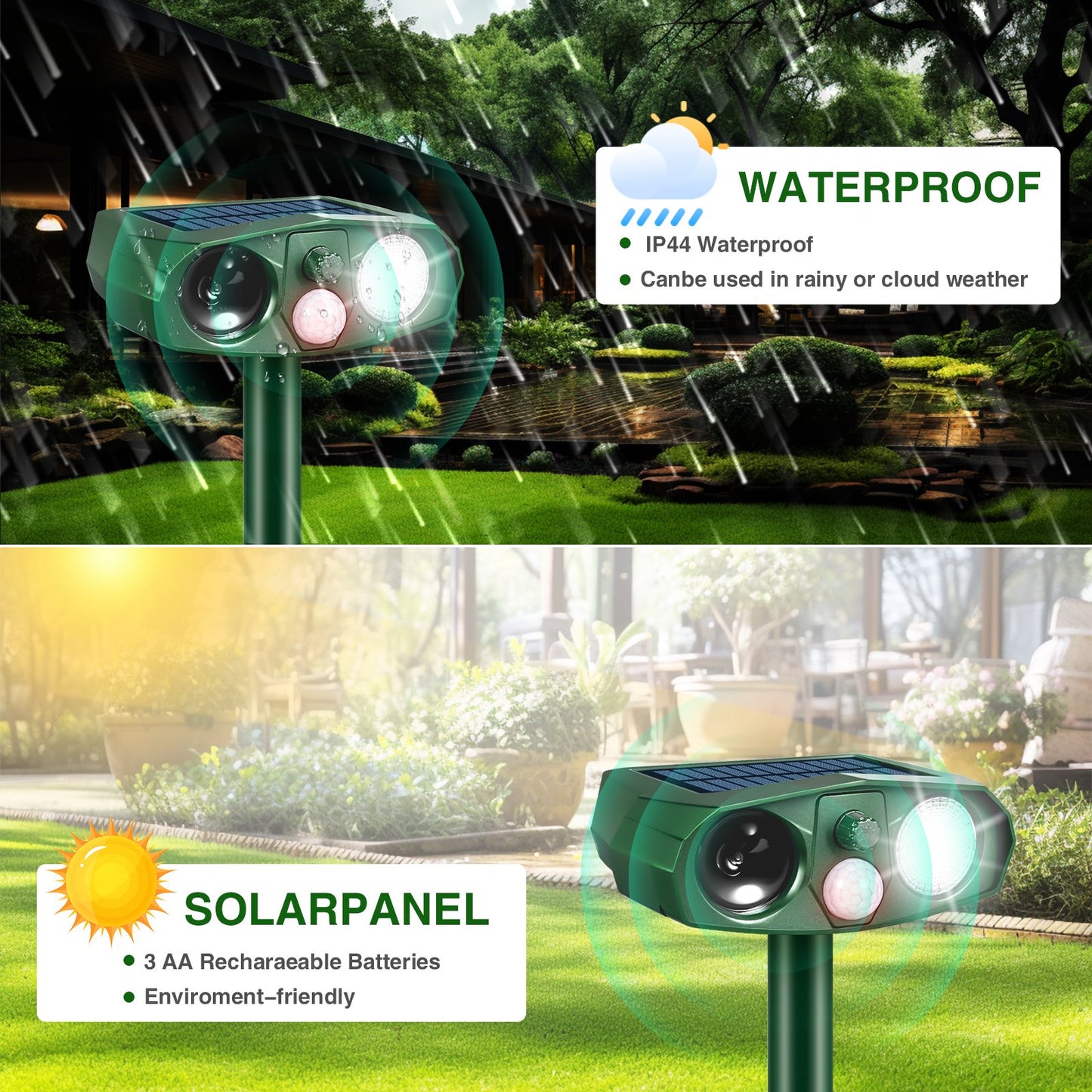 Solar Animal Repeller, Ultrasonic Cat Repellent Outdoor Waterproof Deer Deterrent Flash Light Protect Your Garden