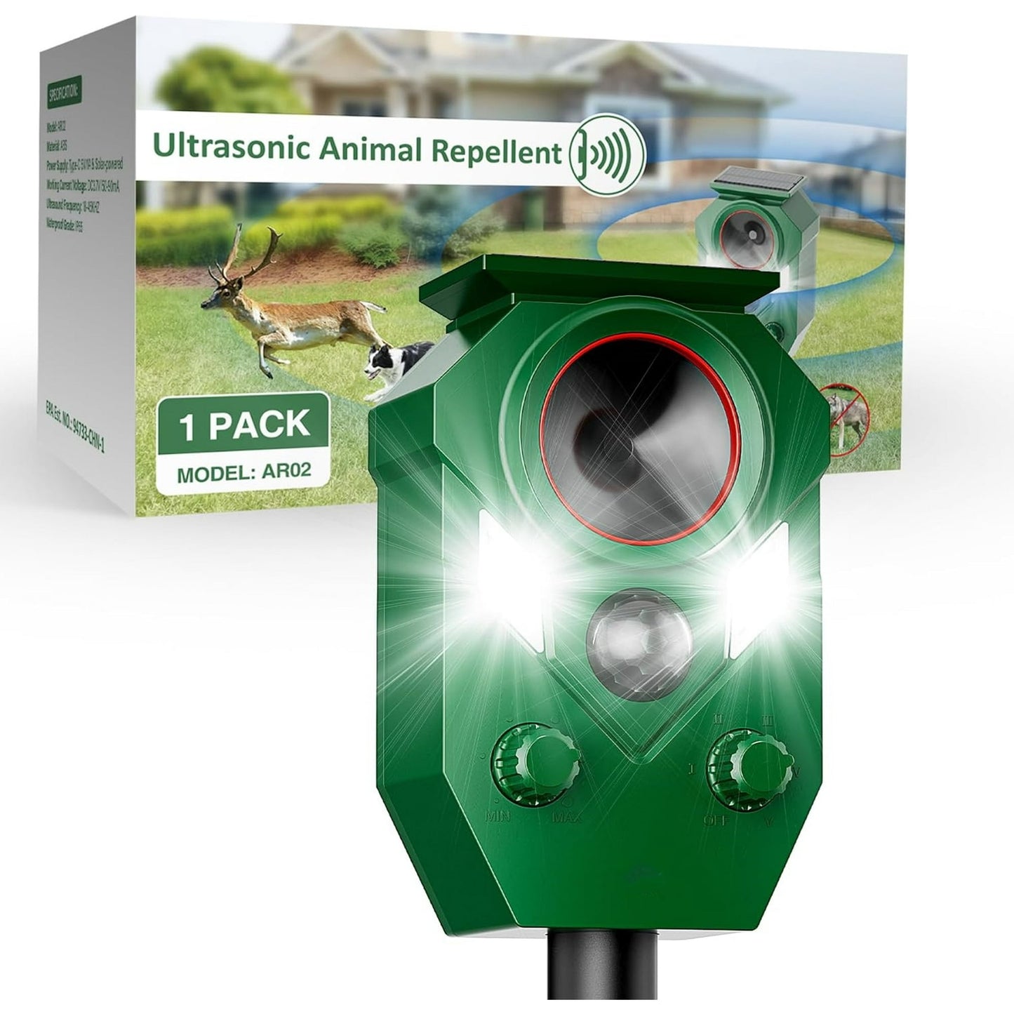Ultrasonic Animal Repeller, Outdoor Solar Powered Deterrent with Motion Sensor Waterproof Device to Repel Cats Dogs Squirrels Raccoons
