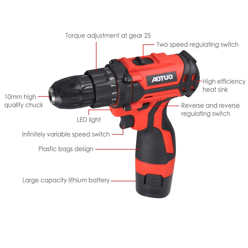 Rechargeable Cordless Screwdriver - Dual Speed, 25 Torque Settings, Red, 12V, 35N.m Torque