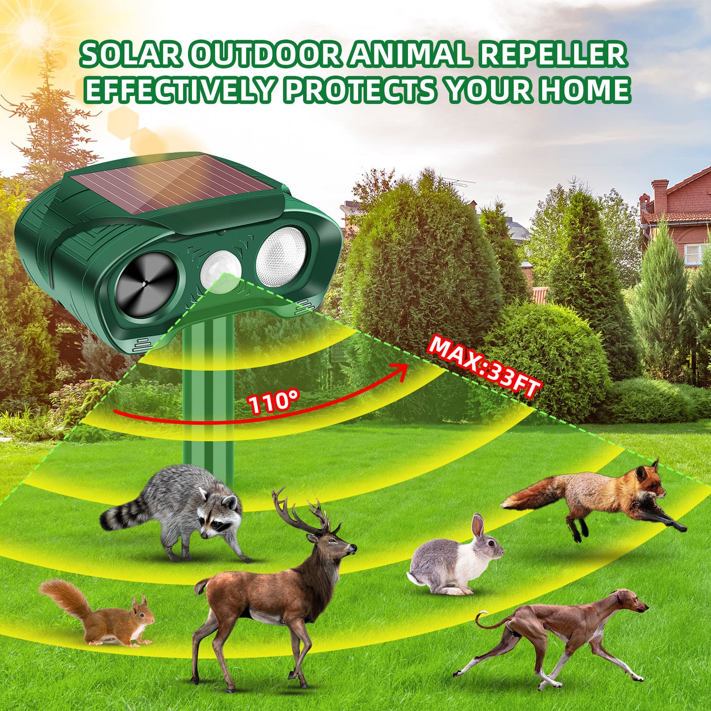 2 Pack Animal Repellent Ultrasonic Outdoor, Solar Animal Repeller with Motion Sensor Flashing Light Waterproof Animal Deterrent for Deer Raccoon Cat Squirrel Skunk Dog Rabbit Coyote and More