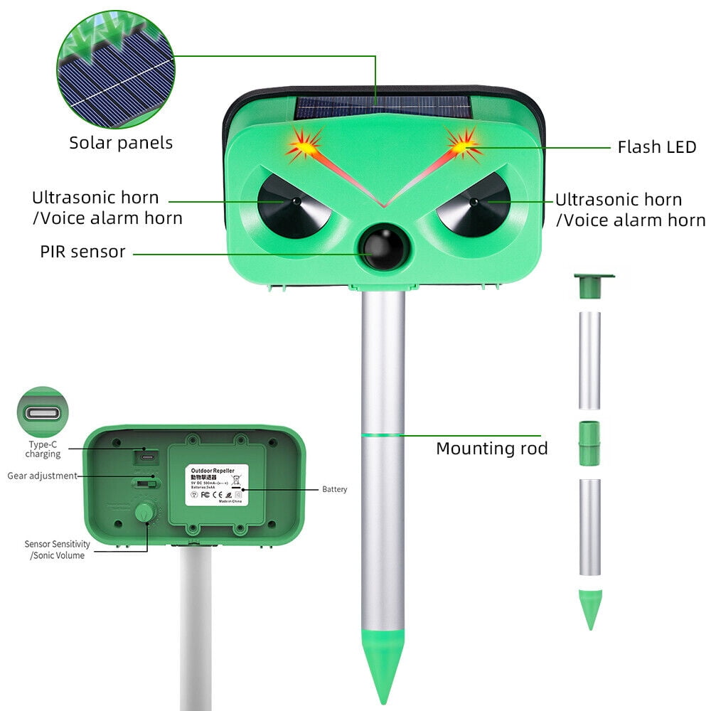 Ultrasonic Outdoor Animal Repeller, Outdoor Solar Powered Animal Repeller Waterproof with Motion Sensor & Flashing Light