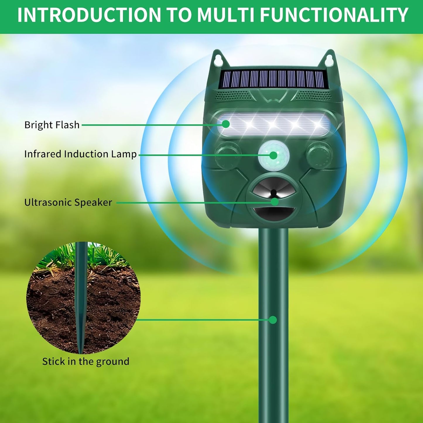 Solar Ultrasonic Animal Repeller.Cat Repellent Outdoor. Motion Activated and Blinking LED Light Siren Mosquito Repellent for Deer, Bird, Cat ,Dog,Raccoon, Skunk, Squirrel, Rabbit, etc Green