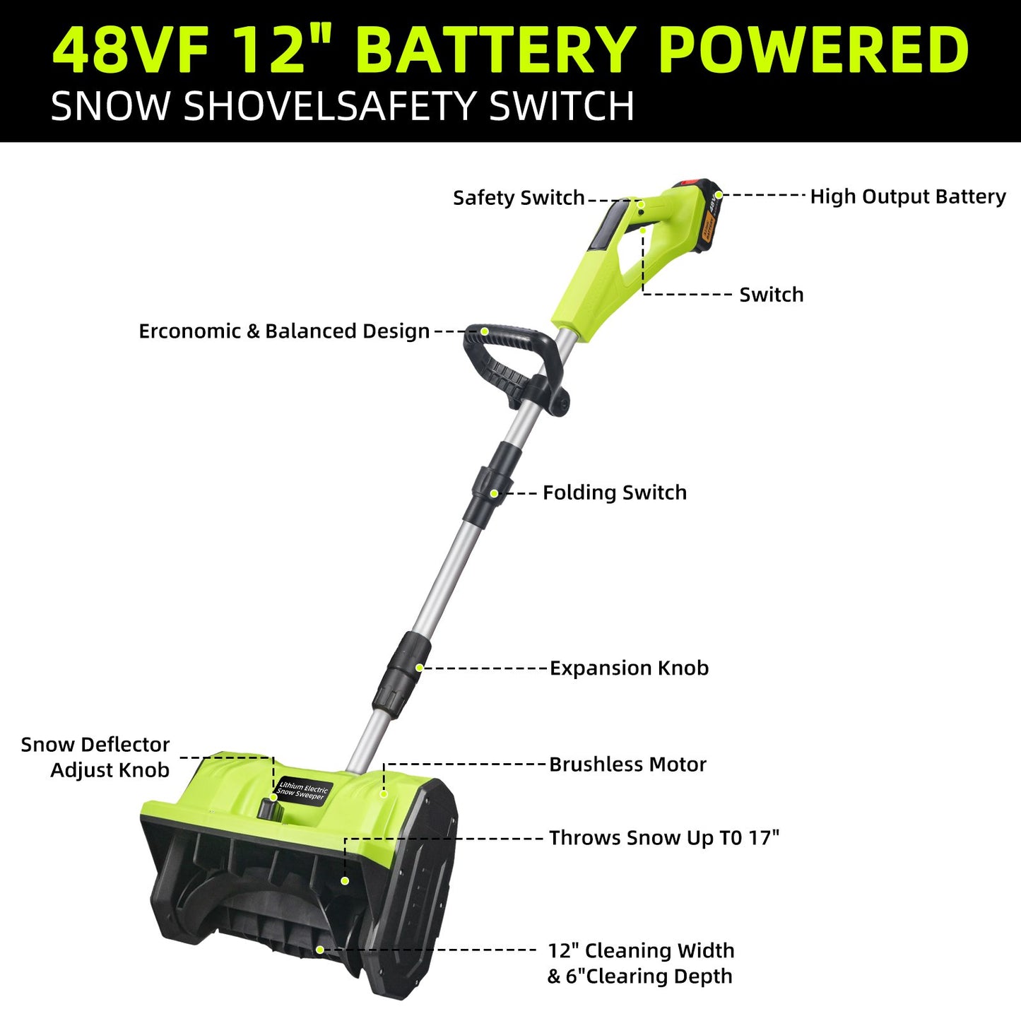 Cordless Snow Blower, 20V 12-Inch Battery-Powered Snow Thrower Adjustable Aux Handle Effortless Snow Removal Chores