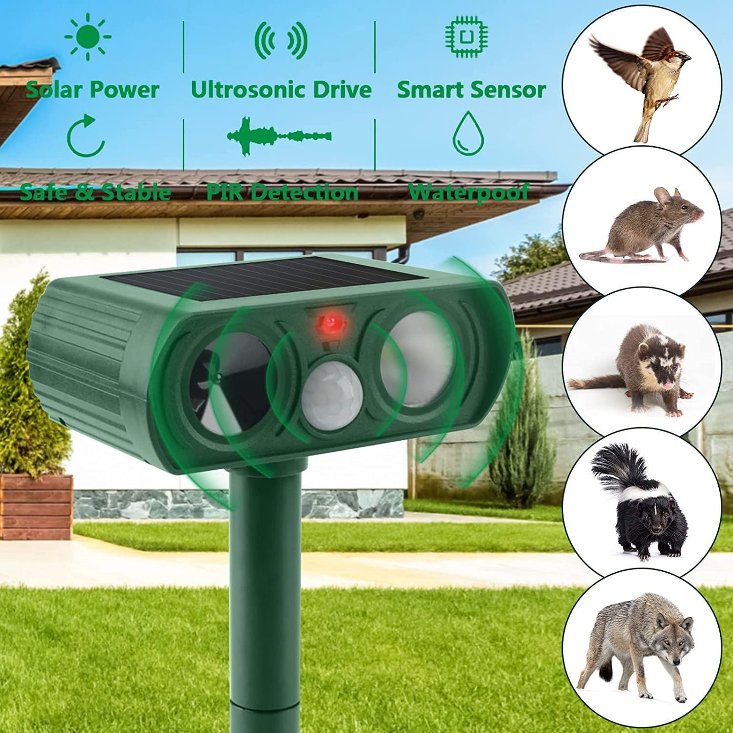 2 Pack Upgraded Ultrasonic Animal Repellent Outdoor Solar Animal Repeller Waterproof with PIR Sensor & Strobe Flashing Lights Pest Repeller Animal Deterrent to Keep Deer Cat Dog Raccoon Mouse Fox Away