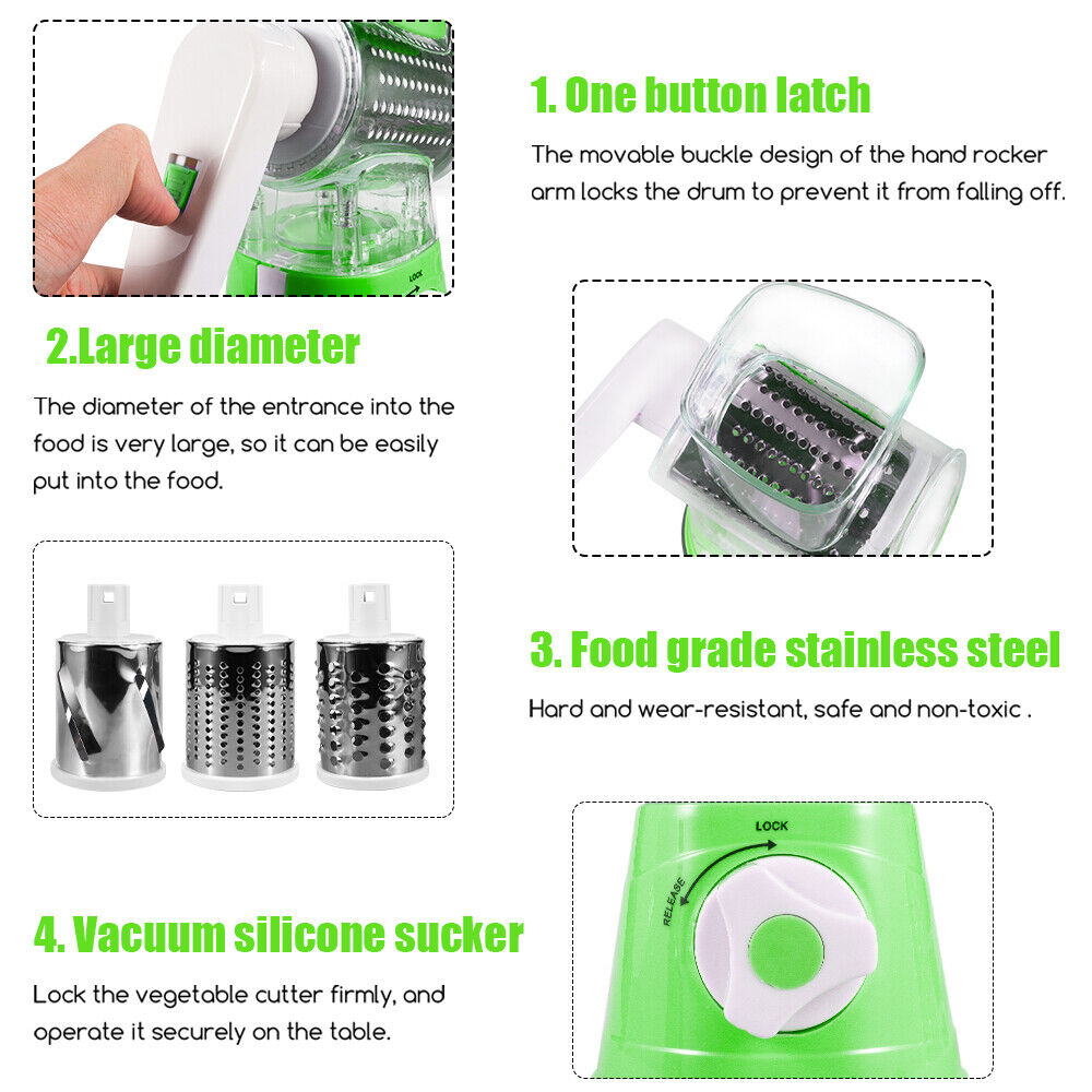 Rotary Cheese Grater Shredder Chopper Round Tumbling Box Mandoline Slicer Nut Grinder Vegetable Slicer, Hash Brown, Potato with Strong Suction Base (Green)