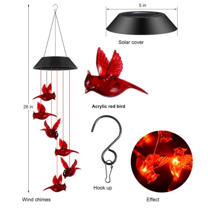 Solar Wind Chimes Light , 6 LED Cardinal Bird Wind Chime Light Great as a Gift for Women mom Grandma Best Friends' Birthday Gift