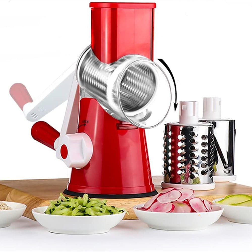 Rotary Cheese Grater Shredder Chopper Round Tumbling Box Mandoline Slicer Nut Grinder Vegetable Slicer, Hash Brown, Potato with Strong Suction Base