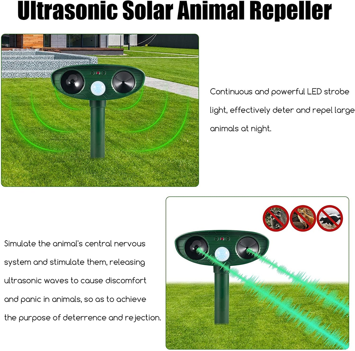 4 Pack Ultrasonic Animal Repellent Solar Powered Pest Repeller Motion Activated Cat Dog Deterrent Waterproof with Motion Sensor for Squirrels Raccoon Rabbit Fox, Garden Yard Farm