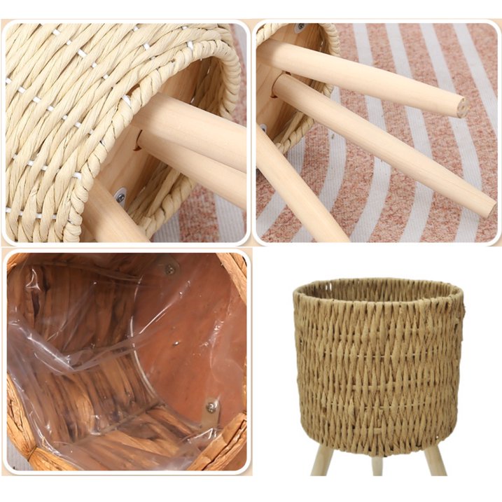 Plant Rack, Garden Planter Floor Standing Round Wooden Rattan Flower Basket Flower Rack Planter & Stand Set with Wood Legs