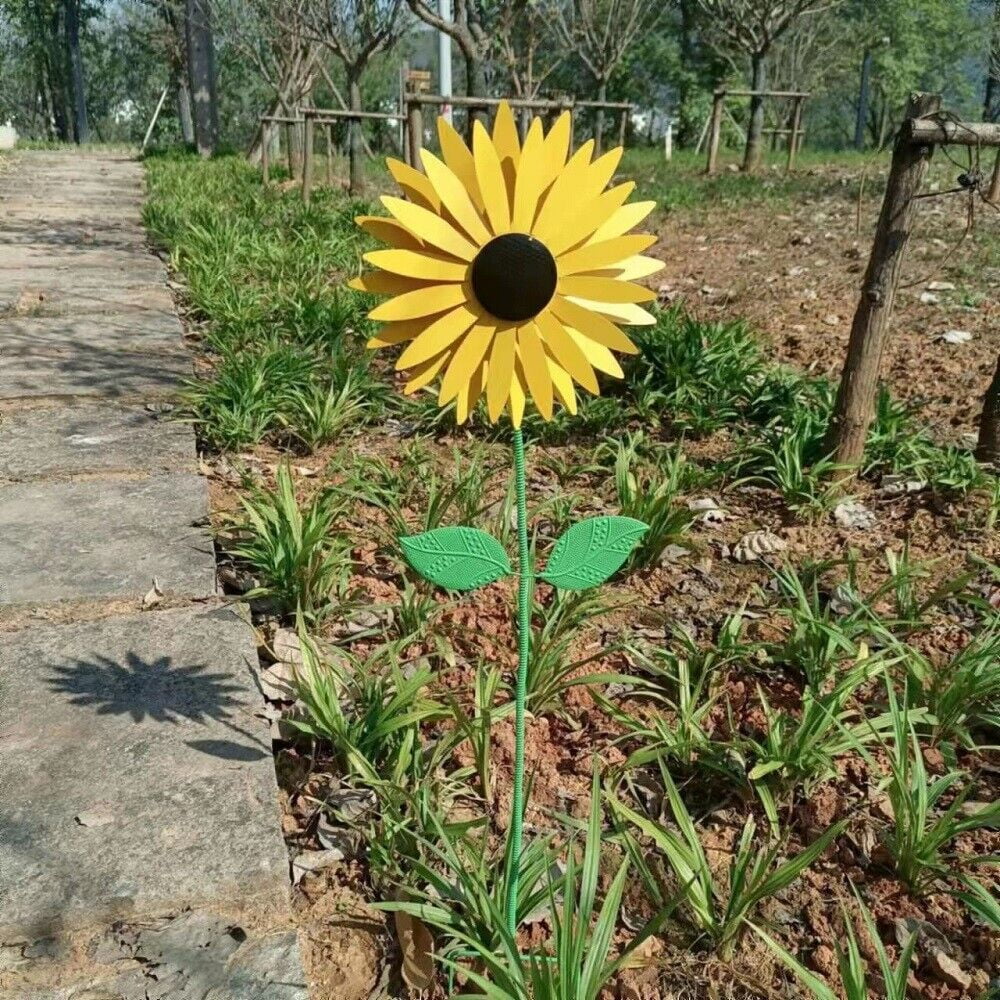 3D Metal Yellow Sunflower Wind Spinner Windmill Sculpture Outdoor Garden Decor