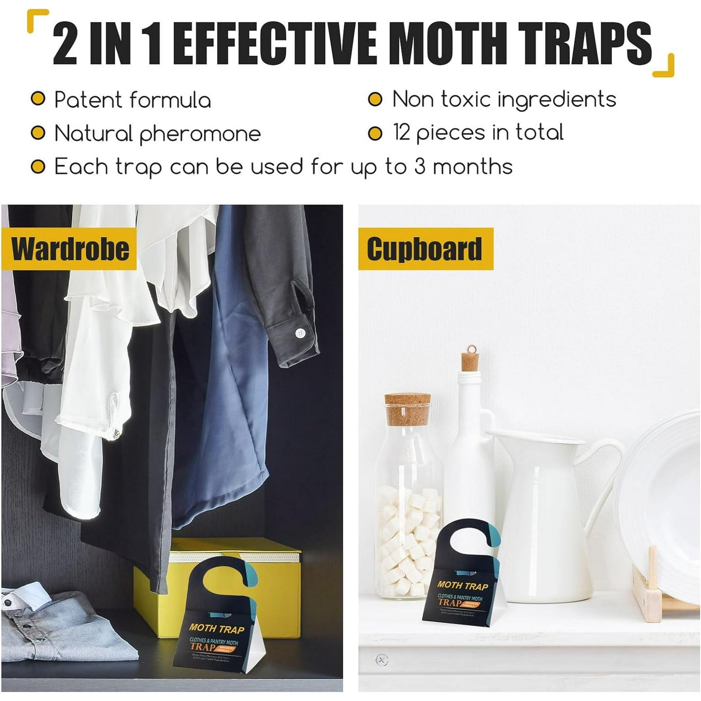 Moth Traps with Non-Toxic Pheromones ，Get Rid of Moths in House (12-Pack)