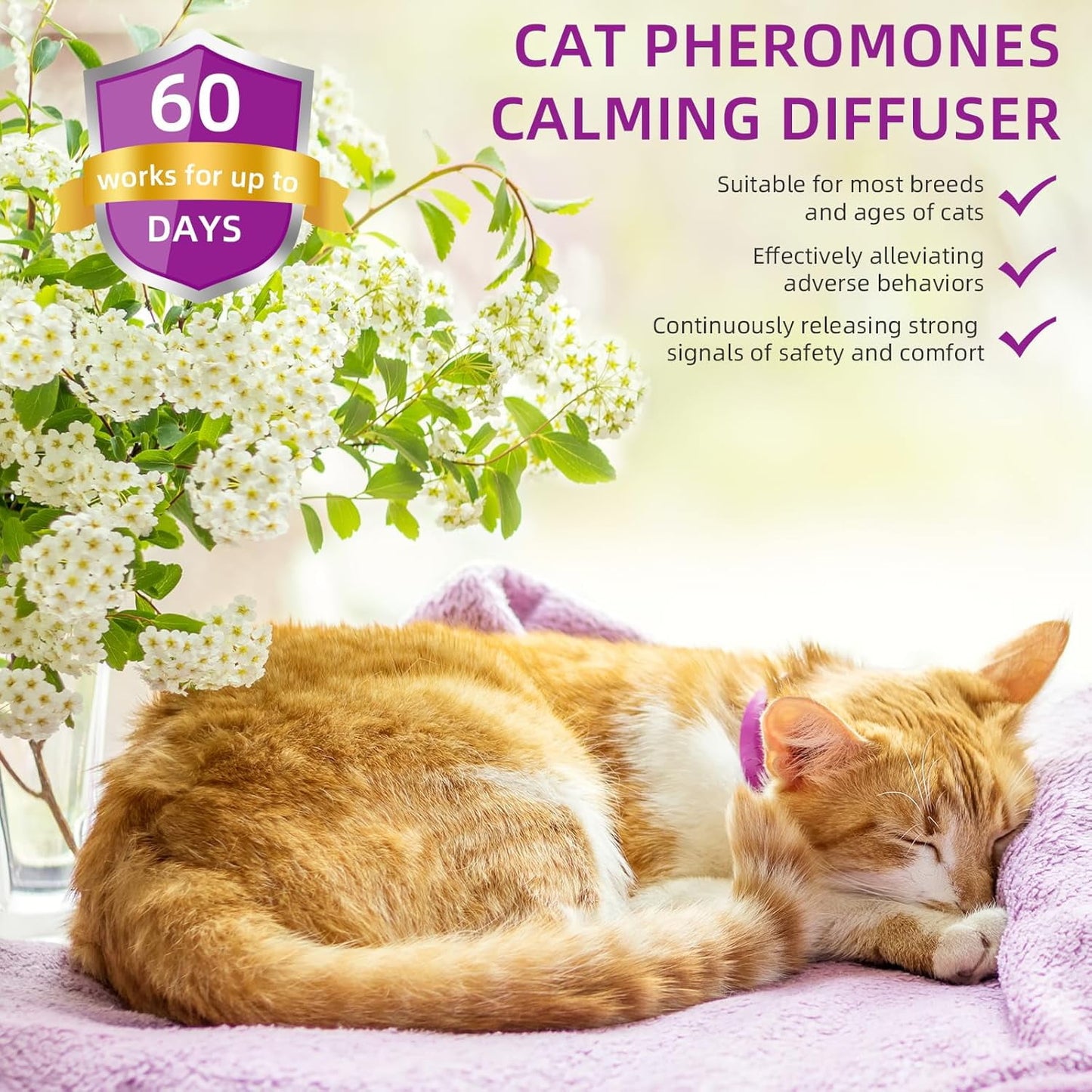 Cat Pheromones Calming Diffuser, Cat Calming Diffuser Kit with Diffuser Head and 2pcs 48ml Vial, Efficient Relieve Anxiety Stress, 60 Days Use