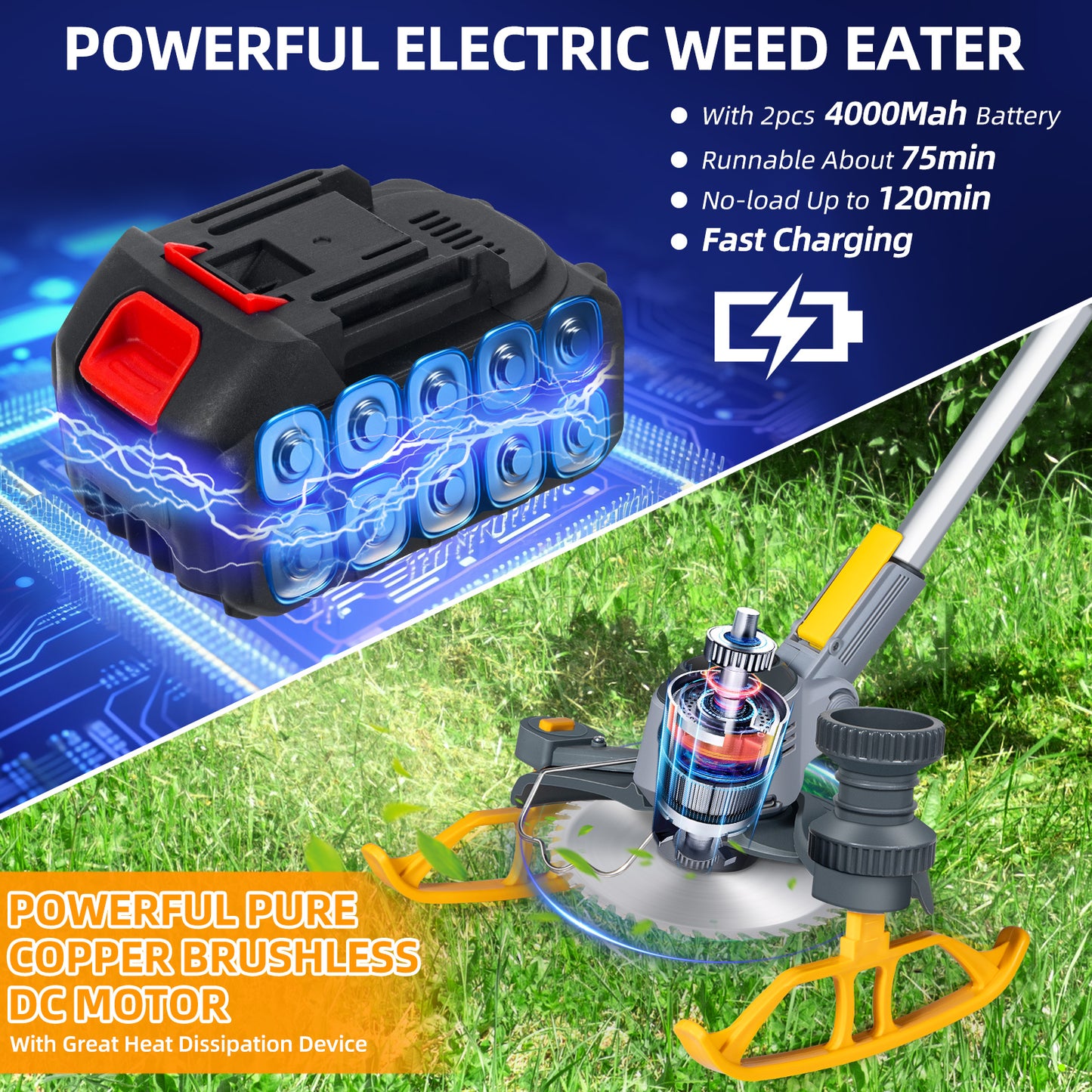 4-in-1 Wheel Edger Mini-Mower, Electric Weed Wacker 2x4.0A Battery Powered