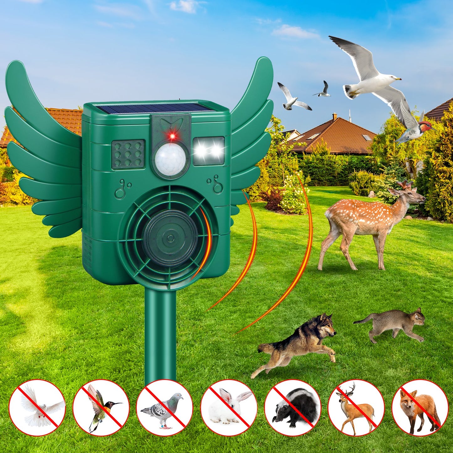 Solar Animal Repeller Outdoor, Ultrasonic with Motion Sensor LED Flash Light, Waterproof IP66 to Repel Deer Dog Rabbit Raccoon Coyote Skunk