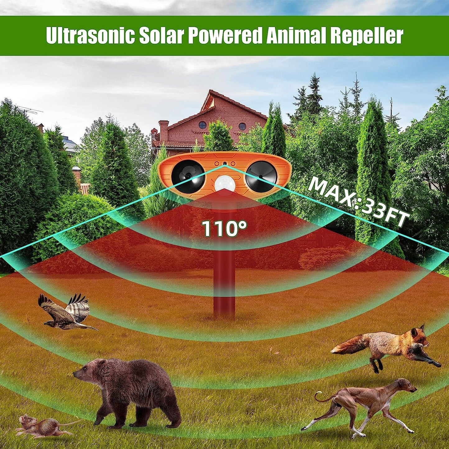 4 Pack Solar Outdoor Animal Repellent - Motion Sensor, LED Light, Alarm Sound - Cat & Deer Deterrent for Garden Farm