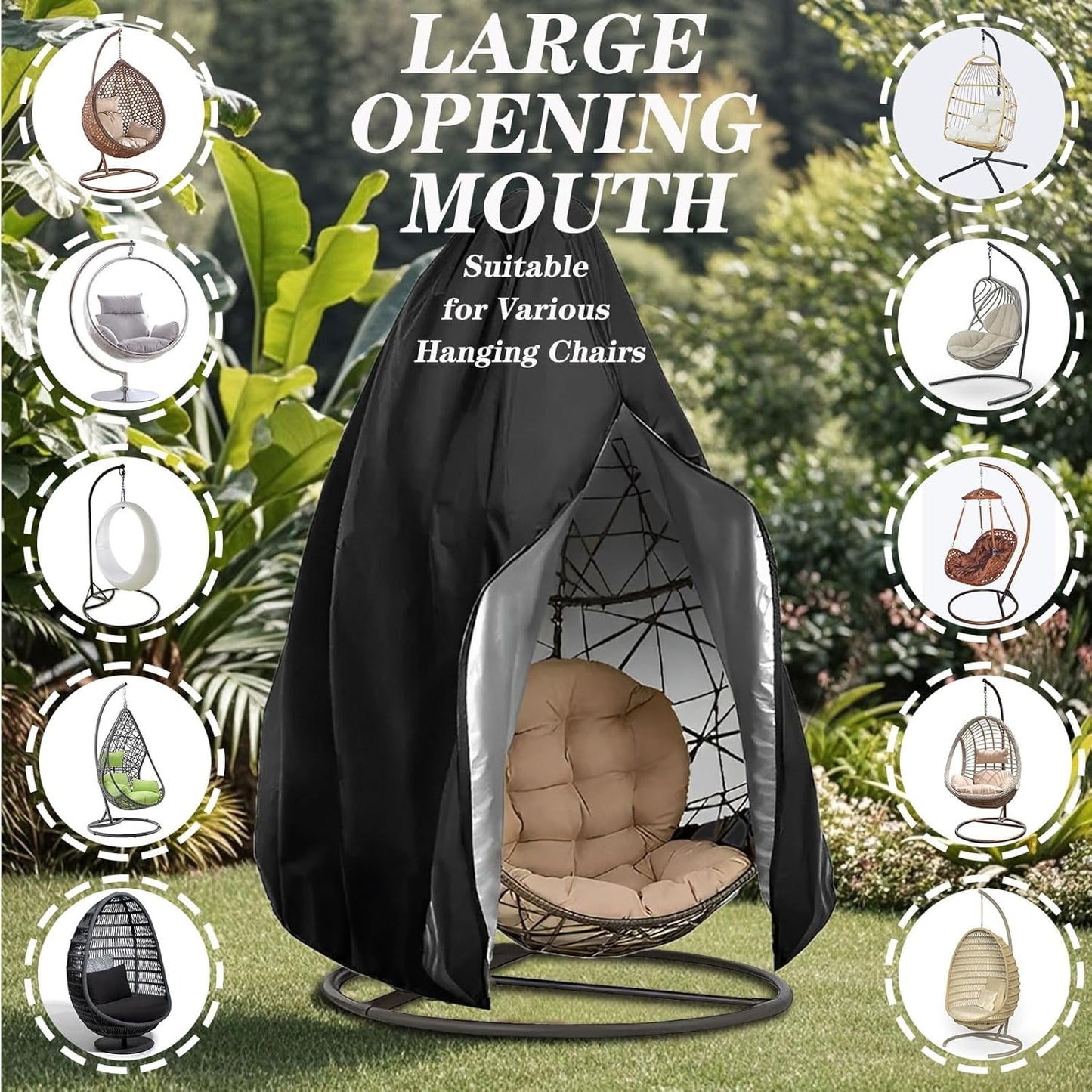 Egg chair cover with Zipper, Patio Hanging Swing Chair Cover, waterproof and dustproof,suitable for outdoor furniture,75x45 inches