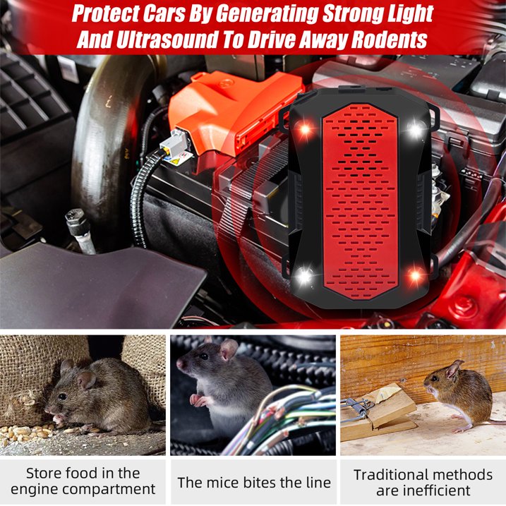 Ultrasonic Rodent Repeller Under Hood - Red/White Flash Light - 12V Car, Truck, RV Engine - Rat & Squirrel Deterrent