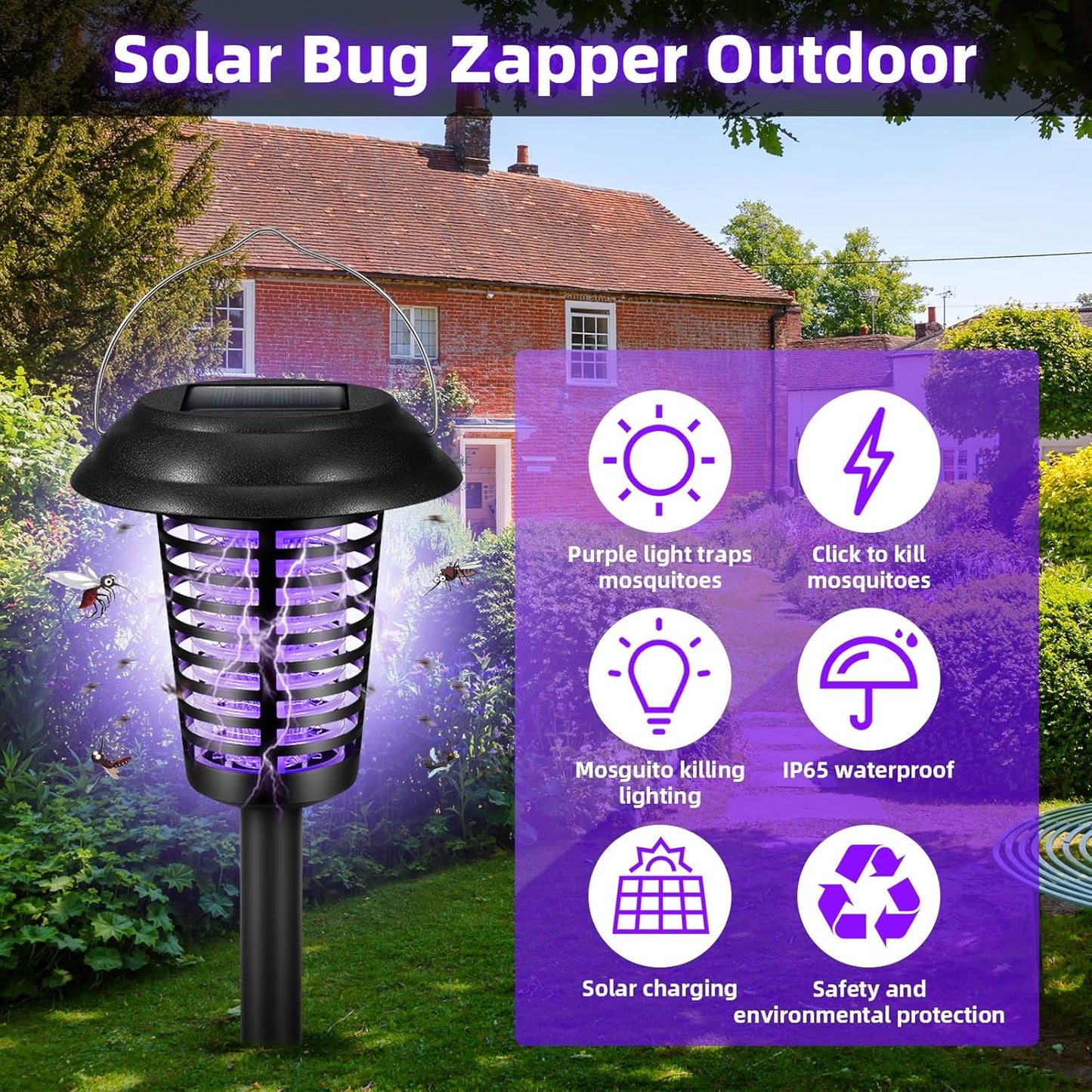 2-Pack Solar-Powered Bug Zapper Lamp for Outdoors - Mosquito & Fly Killer Stake Light Fixture Yard Garden Patio