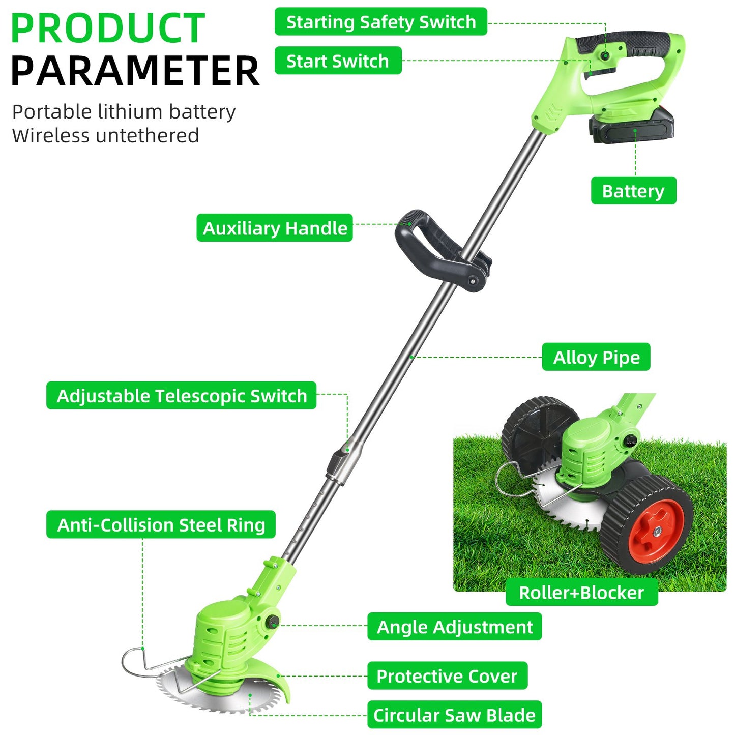 Electric Cordless Lawn Trimmer, 21V Weed Wacker with Wheels Grass Edger Tool for Lawn Yard Garden