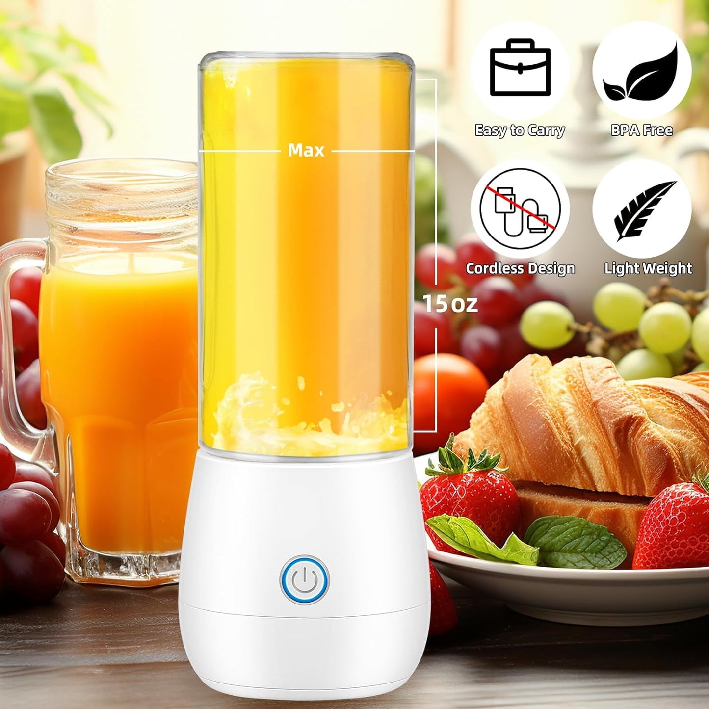 Compact & Portable Blender Juicer Wireless Charging 16 oz Capacity Perfect for Smoothies, Baby Food, and Outdoor Use